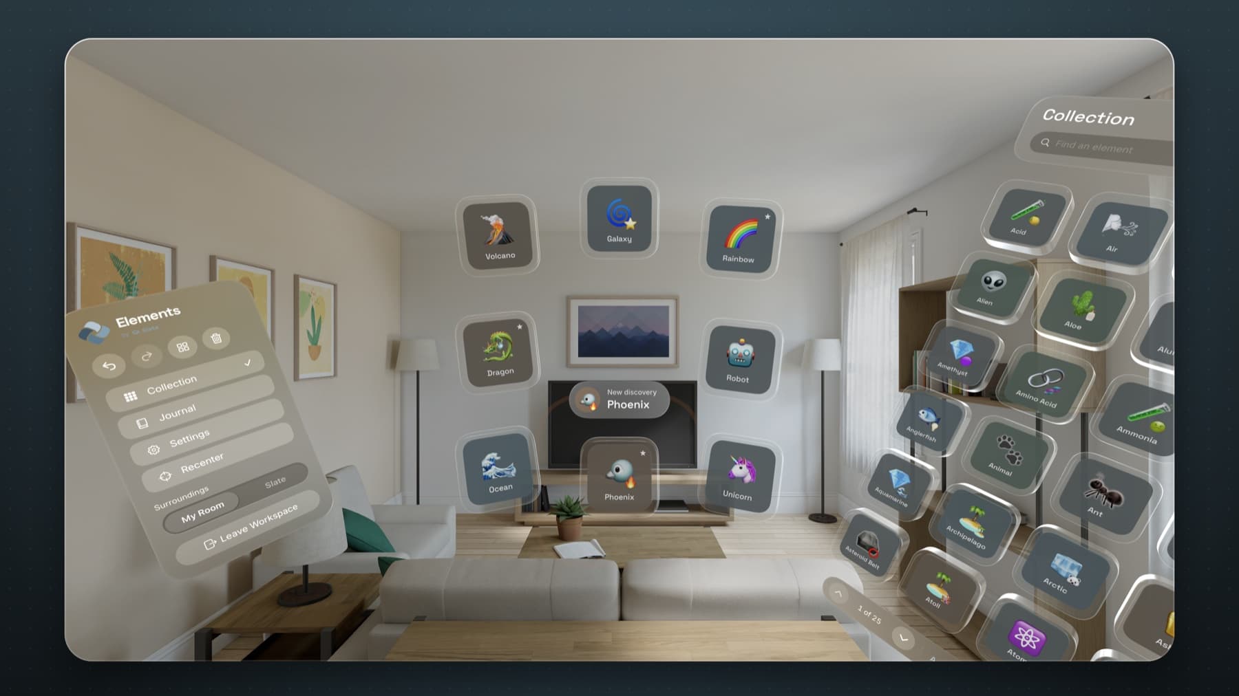 Elements on Apple Vision Pro: element blocks floating in a living room.